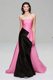 Strapless Black and Pink Mermaid Formal Dress with Train Cape