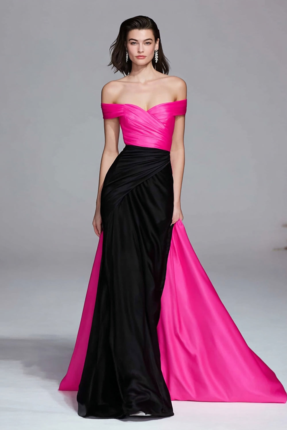 WEDTREND Women Black and Fuchsia Formal Dress Off The Shoulder Ruched Maxi Red Carpet Dress, Black and Fuchsia / US22W