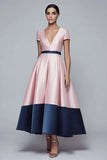 Pink and Navy Satin A-Line V-Neck Formal Dress with Short Sleeves