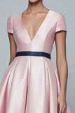 Pink and Navy Satin A-Line V-Neck Formal Dress with Short Sleeves