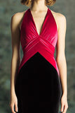 Black and Fuchsia Velvet Mermaid Halter Formal Dress