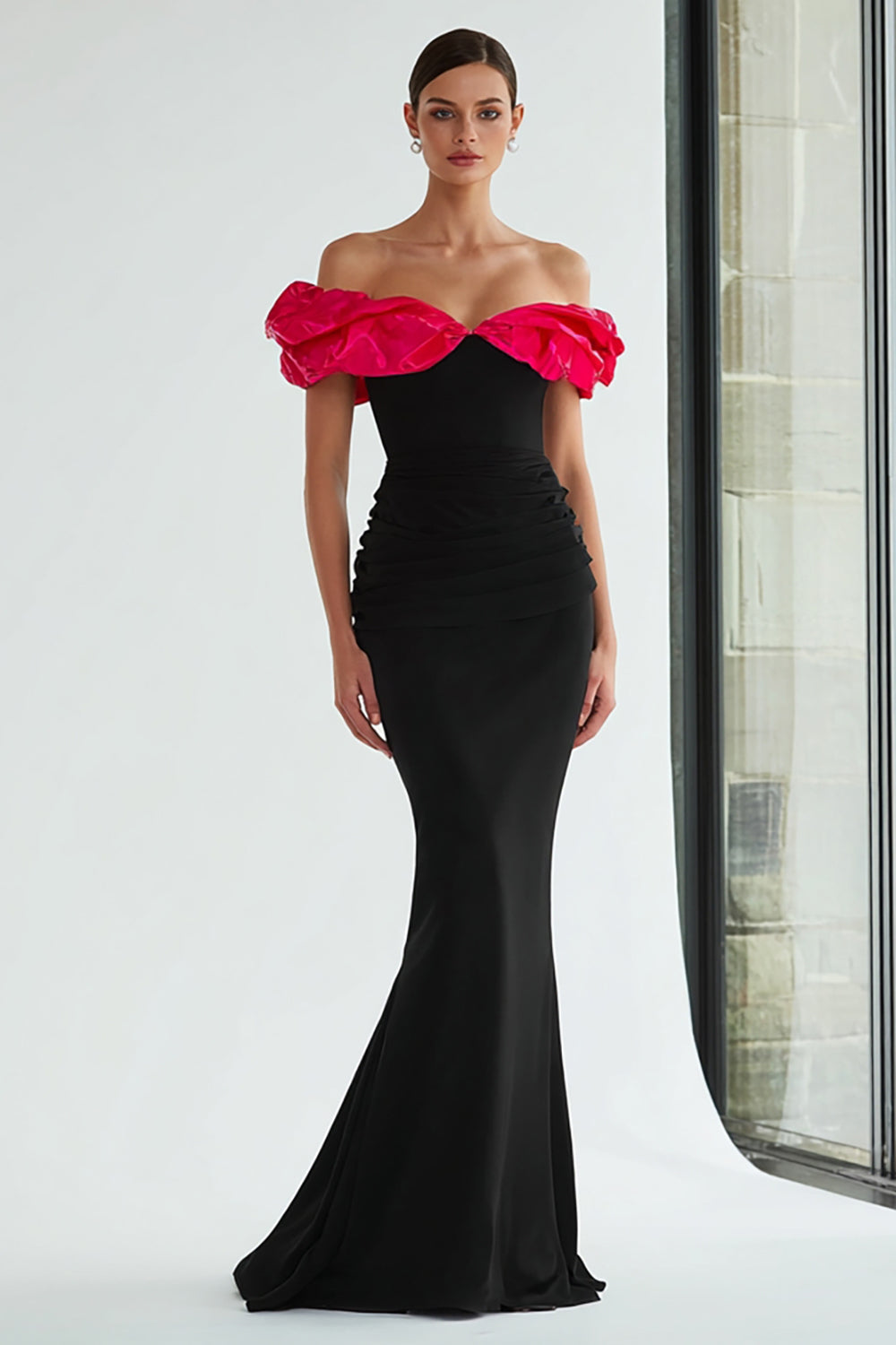 WEDTREND Women Black and Fuchsia Mermaid Formal Dress Off The Shoulder Sleeveless Pleated Evening Dress WEDTREND Women Black and Fuchsia Mermaid Formal Dress Off The Shoulder Sleeveless Pleated Evening Dress
