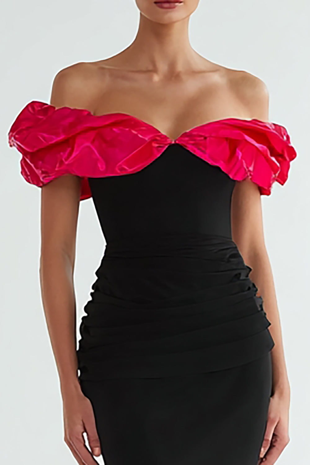 WEDTREND Women Black and Fuchsia Mermaid Formal Dress Off The Shoulder Sleeveless Pleated Evening Dress, Black and Fuchsia / US16