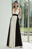 Black and White A-Line V-Neck Long Formal Dress