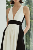 Black and White A-Line V-Neck Long Formal Dress