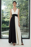 Black and White A-Line V-Neck Long Formal Dress