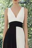 Black and White A-Line V-Neck Long Formal Dress