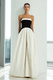 Elegant A-Line Black and White Strapless Long Formal Dress
