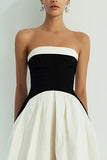 Elegant A-Line Black and White Strapless Long Formal Dress