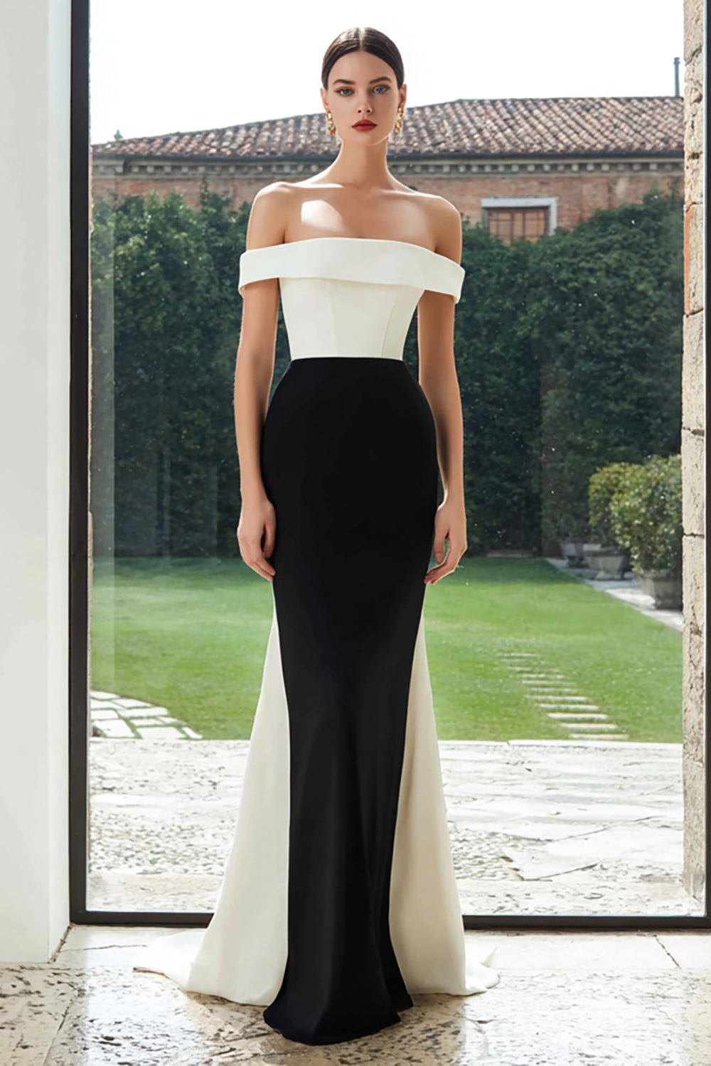 WEDTREND Women Black and White Formal Dress Off The Shoulder Mermaid Long Evening Dress WEDTREND Women Black and White Formal Dress Off The Shoulder Mermaid Long Evening Dress