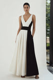 Elegant Black and White A-Line V-Neck Long Formal Dress