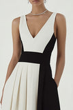 Elegant Black and White A-Line V-Neck Long Formal Dress