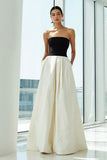 Elegant Strapless A-Line Black and White Long Formal Dress