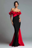 Black and Red Off The Shoulder Mermaid Ruffled Formal Dress with Slit