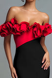 Black and Red Off The Shoulder Mermaid Ruffled Formal Dress with Slit