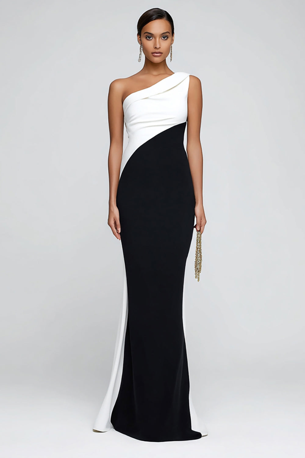 WEDTREND Women Black and White One Shoulder Formal Dress Mermaid Maxi