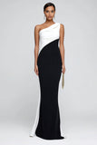 One Shoulder Black and White Mermaid Maxi Formal Dress