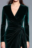 Dark Green Velvet A-Line Long Sleeves Formal Dress with Slit