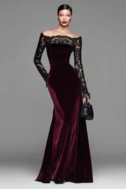 Burgundy Off The Shoulder Velvet Mermaid Formal Dress with Long Sleeves
