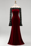 Burgundy Off The Shoulder Velvet Mermaid Formal Dress with Long Sleeves