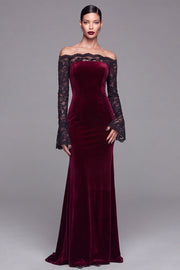 Burgundy Off The Shoulder Velvet Mermaid Formal Dress with Long Sleeves