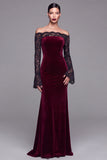 Burgundy Off The Shoulder Velvet Mermaid Formal Dress with Long Sleeves