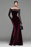 Burgundy Off The Shoulder Velvet Mermaid Formal Dress with Long Sleeves