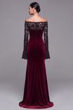 Burgundy Off The Shoulder Velvet Mermaid Formal Dress with Long Sleeves