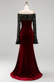 Burgundy Off The Shoulder Velvet Mermaid Formal Dress with Long Sleeves