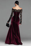 Burgundy Off The Shoulder Velvet Mermaid Formal Dress with Long Sleeves