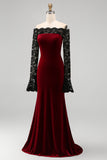 Burgundy Off The Shoulder Velvet Mermaid Formal Dress with Long Sleeves