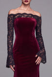Burgundy Off The Shoulder Velvet Mermaid Formal Dress with Long Sleeves
