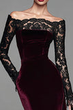 Burgundy Off The Shoulder Velvet Mermaid Formal Dress with Long Sleeves