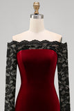 Burgundy Off The Shoulder Velvet Mermaid Formal Dress with Long Sleeves