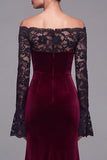 Burgundy Off The Shoulder Velvet Mermaid Formal Dress with Long Sleeves