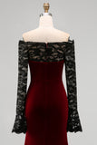 Burgundy Off The Shoulder Velvet Mermaid Formal Dress with Long Sleeves