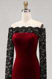 Burgundy Off The Shoulder Velvet Mermaid Formal Dress with Long Sleeves