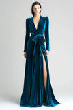 Peacock Blue A-Line Long Sleeves Velvet Formal Dress with Slit