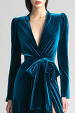 Peacock Blue A-Line Long Sleeves Velvet Formal Dress with Slit