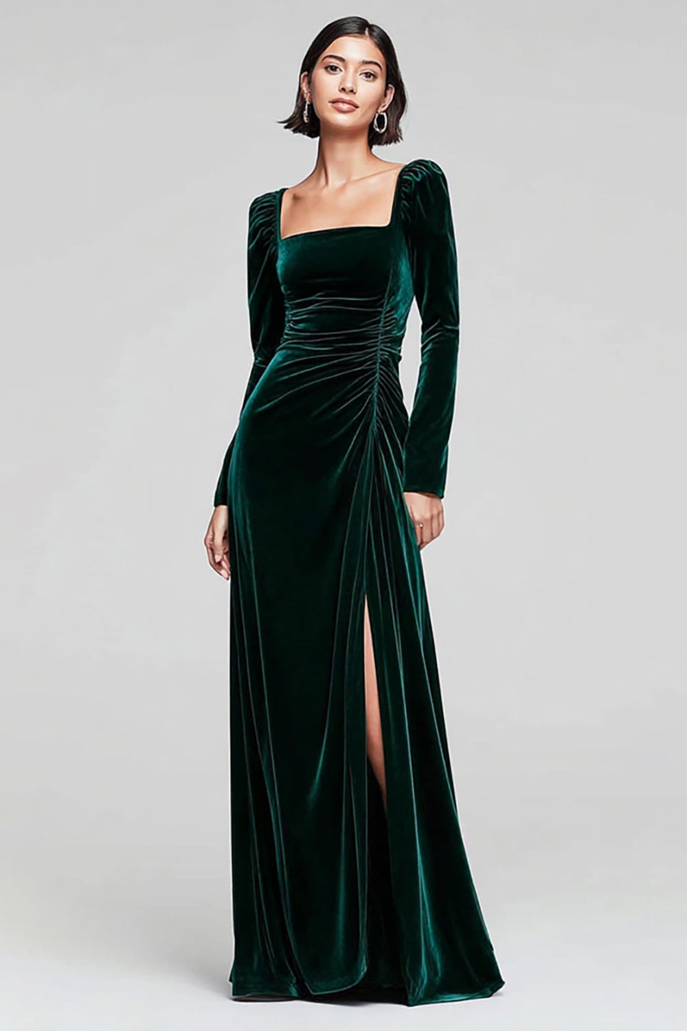 WEDTREND Women Dark Green Velvet Formal Dress with Slit Sheath Long Sleeves Ruched Maxi Holiday Dress WEDTREND Women Dark Green Velvet Formal Dress with Slit Sheath Long Sleeves Ruched Maxi Holiday Dress