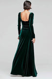 Dark Green Sheath Velvet Long Sleeves Formal Dress with Slit