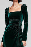Dark Green Sheath Velvet Long Sleeves Formal Dress with Slit