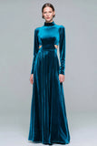 Peacock Blue Cut Out A-Line Maxi Holiday Dress with Long Sleeves