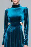 Peacock Blue Cut Out A-Line Maxi Holiday Dress with Long Sleeves
