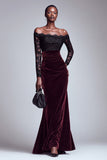 Mermaid Black and Burgundy Off The Shoulder Velvet Dress with Long Sleeves