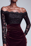 Mermaid Black and Burgundy Off The Shoulder Velvet Dress with Long Sleeves