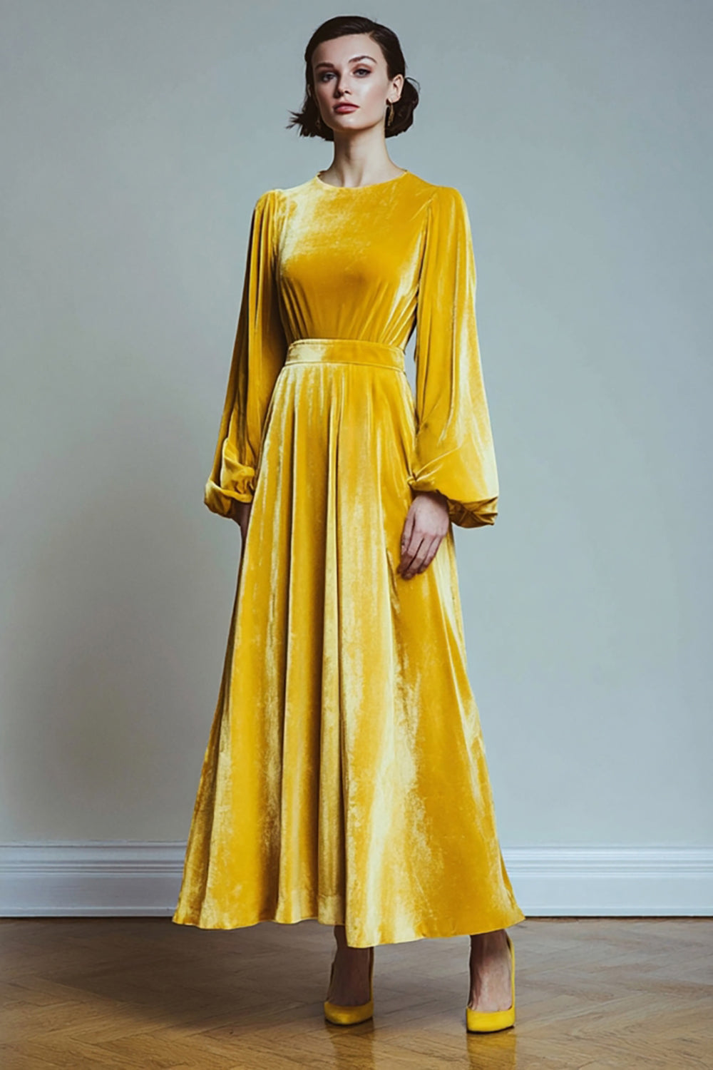WEDTREND Women Velvet Yellow Holiday Dress A-Line Formal Dress with Long Sleeves WEDTREND Women Velvet Yellow Holiday Dress A-Line Formal Dress with Long Sleeves