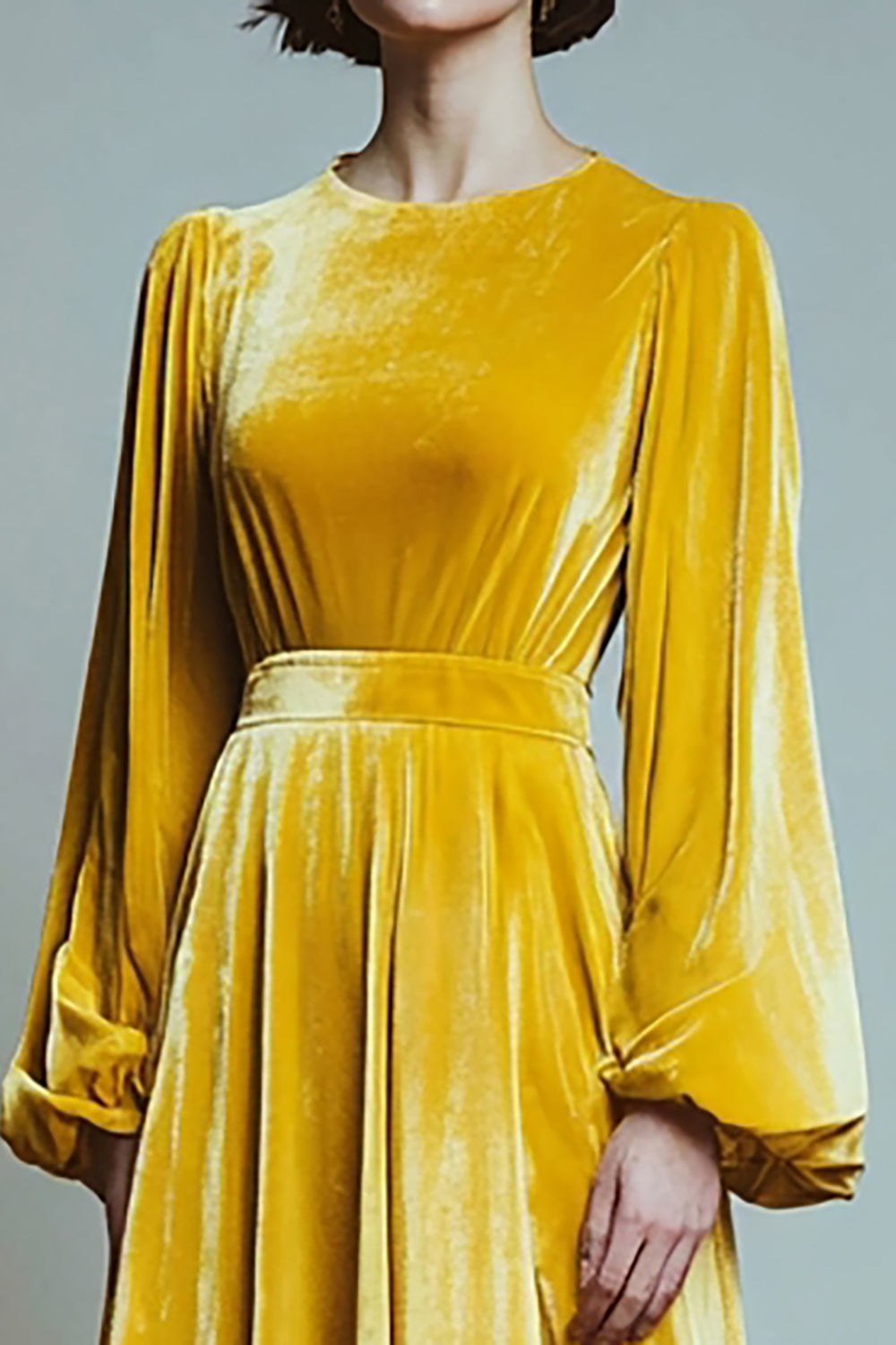 yellow velvet dress long sleeve Casual slim gold velvet long-sleeved dress