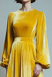 Yellow Velvet A-Line Holiday Dress with Long Sleeves