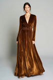 Brown A-Line V-Neck Velvet Holiday Party Dress with Long Sleeves